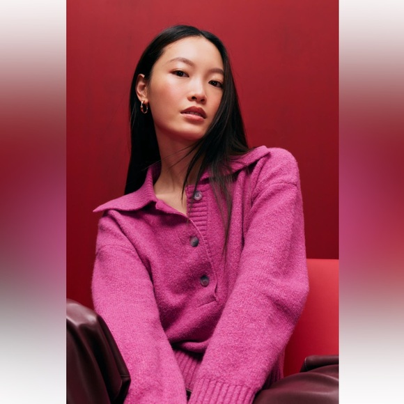 NWT Free People Trading Up Polo Sweater Magenta Haze Sz Small - Picture 3 of 16